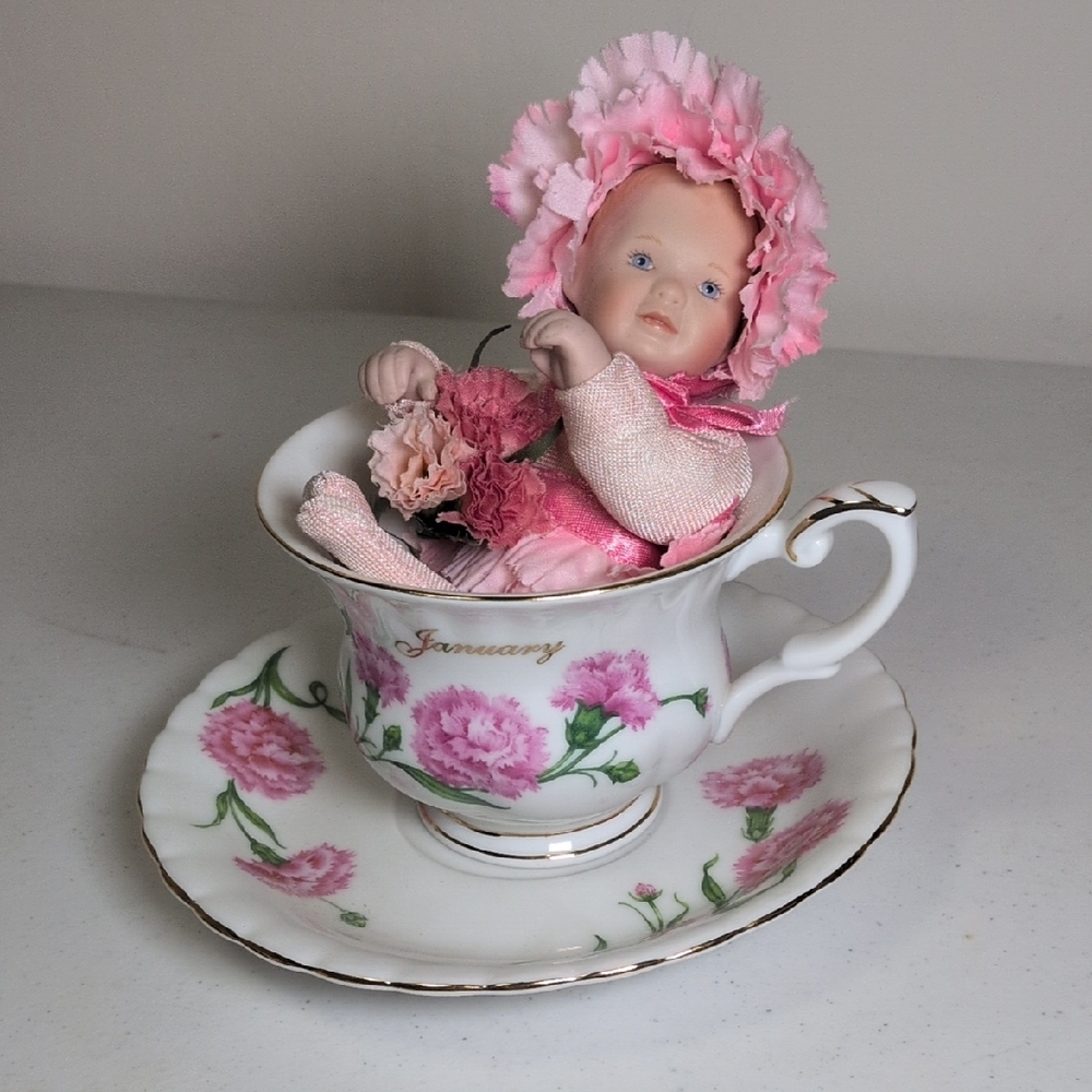 Ashton-Drake Galleries January Flower Babies Teacup, Saucer and Doll